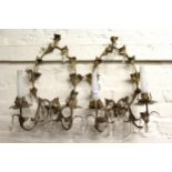 Pair of gilt metal and crystal two branch wall lights, 23cm high light bulb holders, there are