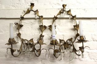 Pair of gilt metal and crystal two branch wall lights, 23cm high light bulb holders, there are