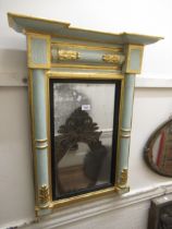 Small 19th Century pale blue painted and parcel gilt pier mirror, 57 x 74cm Has been repainted and