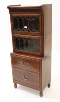 Small mahogany and satinwood crossbanded Globe Wernicke type narrow bookcase with two leaded glass