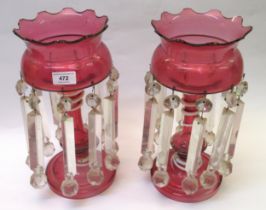 Pair of 19th Century cranberry and opaque glass lustres, the centre columns with decoration in the