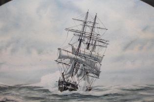 Chris Williams, watercolour, study of a square rigger under shortened sail running before the