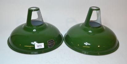 Pair of green enamel ' Coolicon ' hanging lamps, 28cm diameter