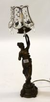 Brown patinated spelter figural table lamp with glass shade, 64cm high