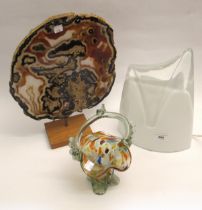 Modern glass table lamp, specimen hardstone plaque on stand and an ' end of day ' glass basket