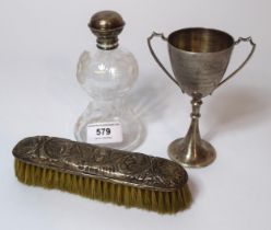 Silver mounted etched glass gourd shaped perfume bottle together with a silver mounted brush and