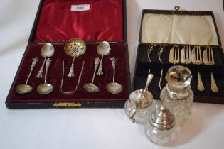 Cased set of six Birmingham silver coffee spoons with tongs and sifter spoon, together with a