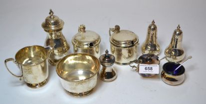 Silver cream jug and sugar bowl, two silver drum form mustards with spoons and six other various