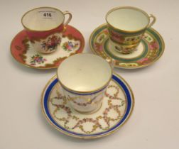 Group of three various 19th Century cabinet cups and saucers minor loss of gilding otherwise good