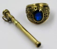 Yellow metal ring set with an oval blue stone, inscribed to the setting ' Port Chester High School