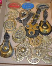 Quantity of canal horse brasses, together with three enamel canal plaques