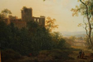 19th Century English school oil on panel, figures in an Italianate landscape at sunset, unsigned, 20