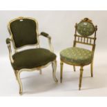 Small 19th Century French giltwood bedroom chair with a padded back and overstuffed seat, together