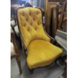 Victorian rosewood and yellow button upholstered low seat nursing chair on cabriole supports