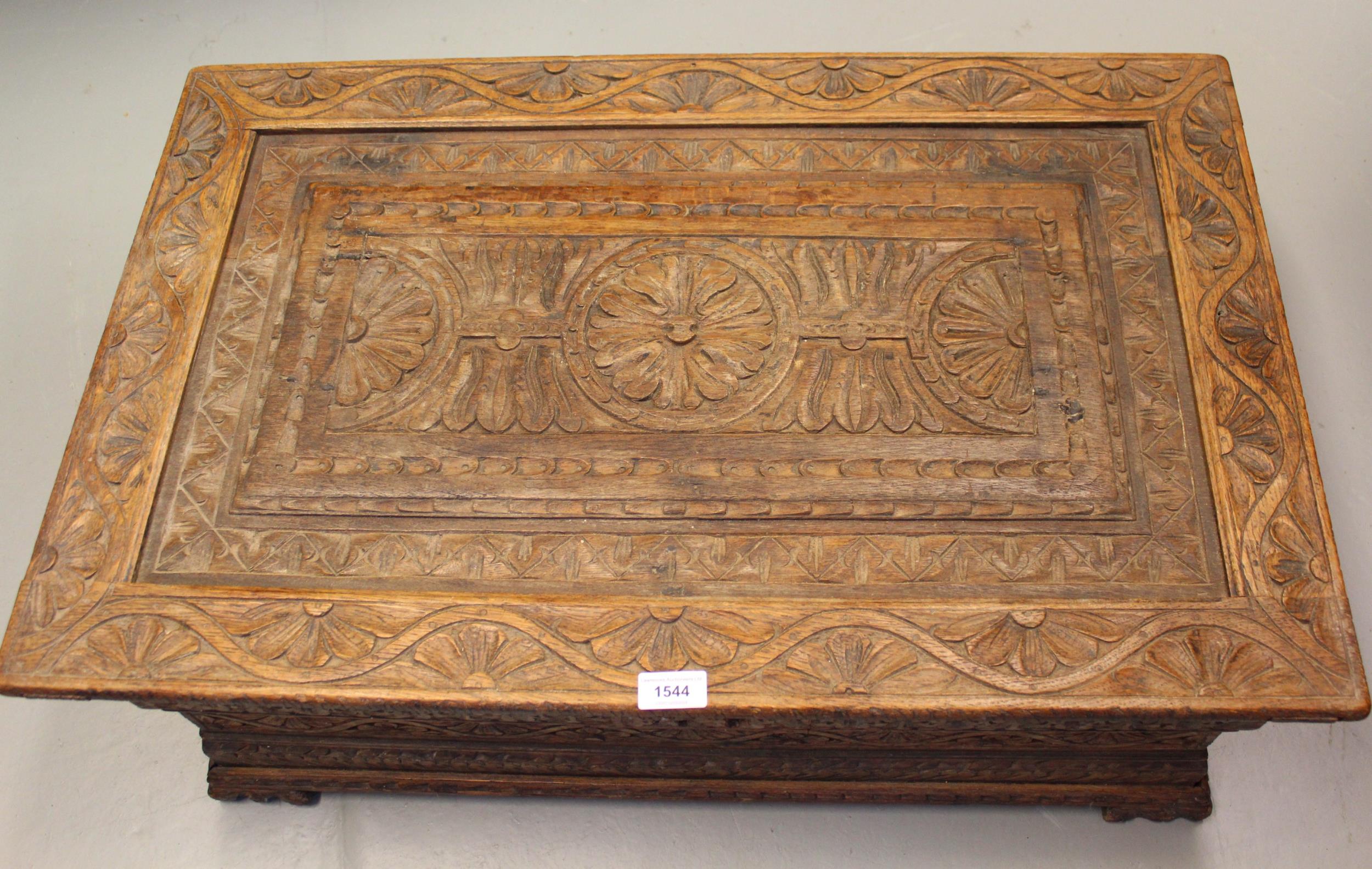 19th Century carved oak bible box with hinged cover, 79 x 50 x 24cm high - Image 2 of 2