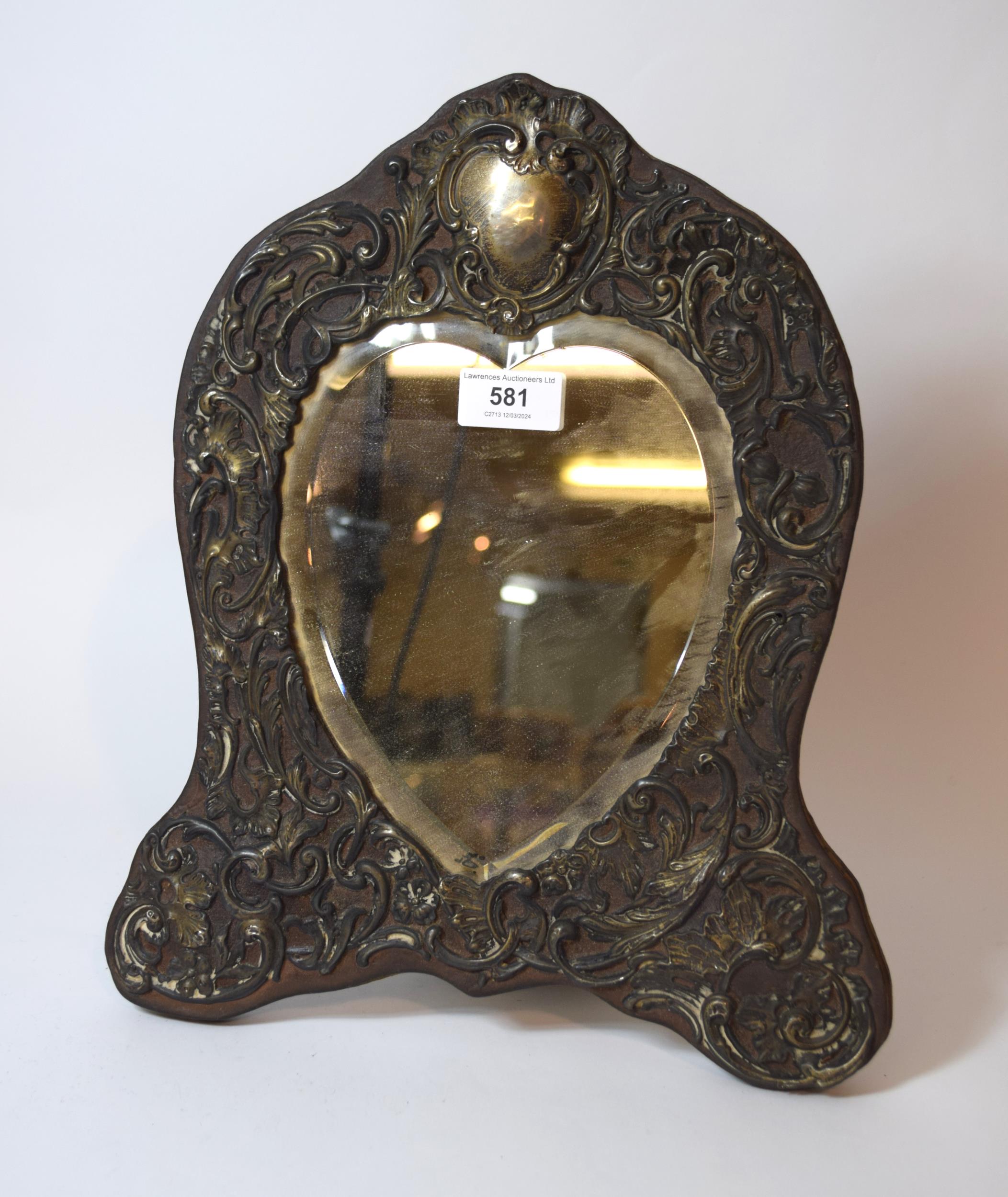 Birmingham silver mounted heart shaped dressing table mirror, 36cm high
