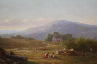 E. Altrui, oil on canvas, figures in an extensive landscape with distant mountains, signed verso, 30