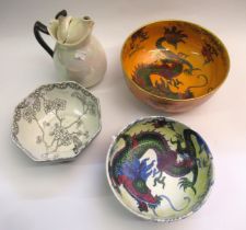 Two Frederick Rhead dragon decorated bowls, a formosa bowl and a Cosy lustre decorated jug with
