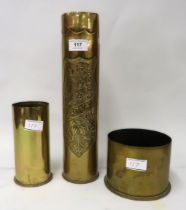 1914 / 1918 La Somme embossed Trench Art shell case and two other brass shell cases