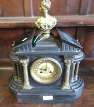 19th Century French black slate mantel clock surmounted with a bronze bust of a lady, the two