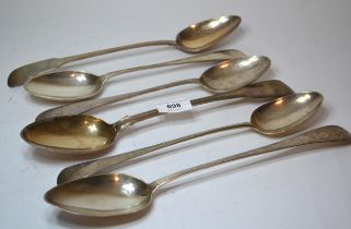 Six various antique silver basting spoons, 25.5oz t