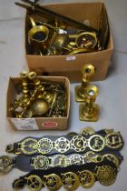 Pair of Victorian brass candlesticks, quantity of various horse brasses and other decorative