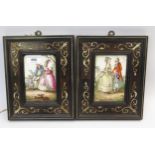 Pair of late 18th Century French porcelain plaques painted with courting couples (at fault), 12 x