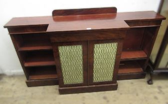 19th Century mahogany breakfront dwarf bookcase, the central grilled and pleated doors flanked by