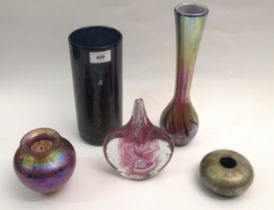 Four Isle of Wight glass vases including Alum Bay and a squat iridescent glass vase