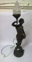 Brown patinated spelter figural table lamp, with frosted glass torch shade, 89cm high