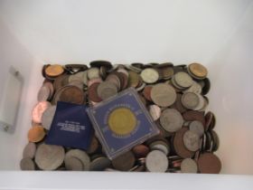 Box containing a quantity of various world coins including British pre decimal etc