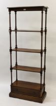 Reproduction mahogany five shelf open bookcase / whatnot with turned uprights above a base with