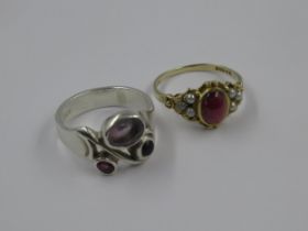 9ct Gold ring set cabochon amethyst and seed pearls, together with a silver dress ring