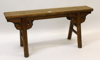 Chinese elm trestle bench with shaped frieze on splayed turned supports, 51cm high x 111cm long