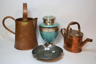 Copper jug, copper watering can, an Art Nouveau pewter dish and a chrome and enamel urn
