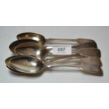 Three Victorian Dublin silver fiddle pattern tablespoons, makers mark P.W. and another set of