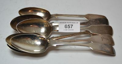 Three Victorian Dublin silver fiddle pattern tablespoons, makers mark P.W. and another set of