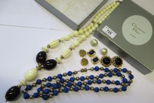 Four pairs of Christian Dior clip-on earrings, together with a Dior necklace and a blue Celine