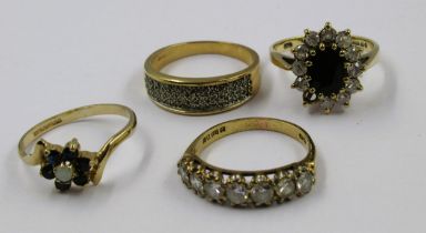 Four various 9ct gold dress rings, gross weight 11g (one with stone missing)