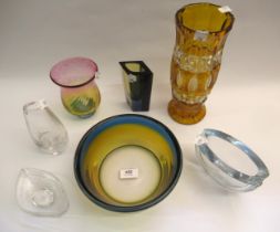 Two Swedish art glass vases, signed, together with an amber overlay vase, a coloured glass vase, a