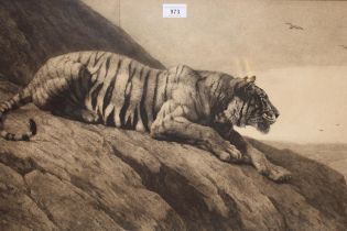 Herbert Dicksee, near pair of oak framed black and white engravings of tigers in landscapes, 42 x
