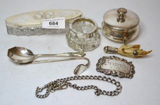 London silver dressing table box with Whispers decoration, silver spoon, bookmark, brandy label,