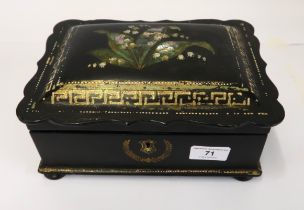 Victorian black lacquered papier mache work box housing a collection of sewing related items