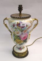 French porcelain two handled floral decorated baluster form table lamp base, with gilt metal mounts,