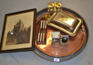 Two circular copper trays, plated dish, two cloisonne figures, framed engraving and sundries