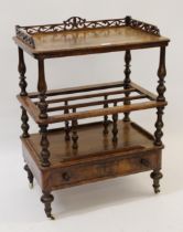 Victorian figured walnut Canterbury whatnot, the galleried top above a three division base with