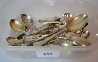 Quantity of various silver tea and coffee spoons including a small tablespoon and a pair of sugar