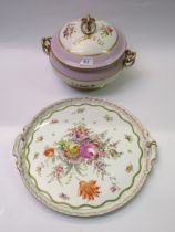 Continental circular two handled floral painted tray and a similar two handled tureen and cover
