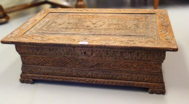 19th Century carved oak bible box with hinged cover, 79 x 50 x 24cm high