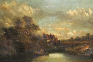 19th Century English school oil on panel, rural landscape with figures in an open boat before a